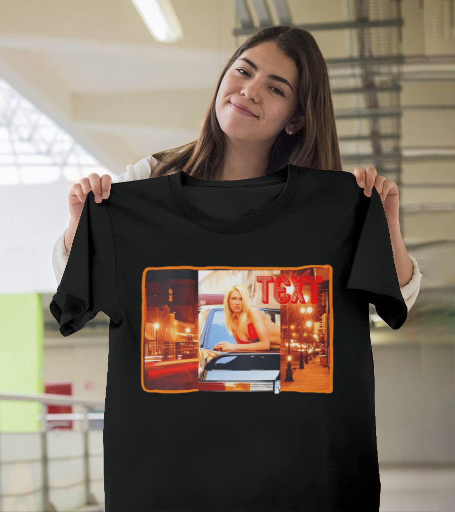 Blonde Woman In Red Bikini Leaning On Car At Night With Neon City Lights T-Shirt