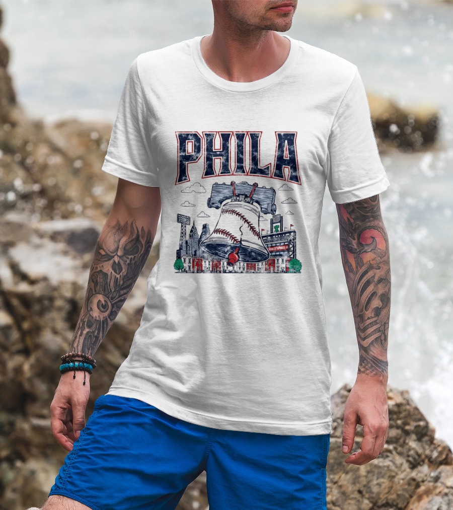 Phila Liberty Bell Baseball Fusion With Philly Sports Stadium Vintage Look T-Shirt