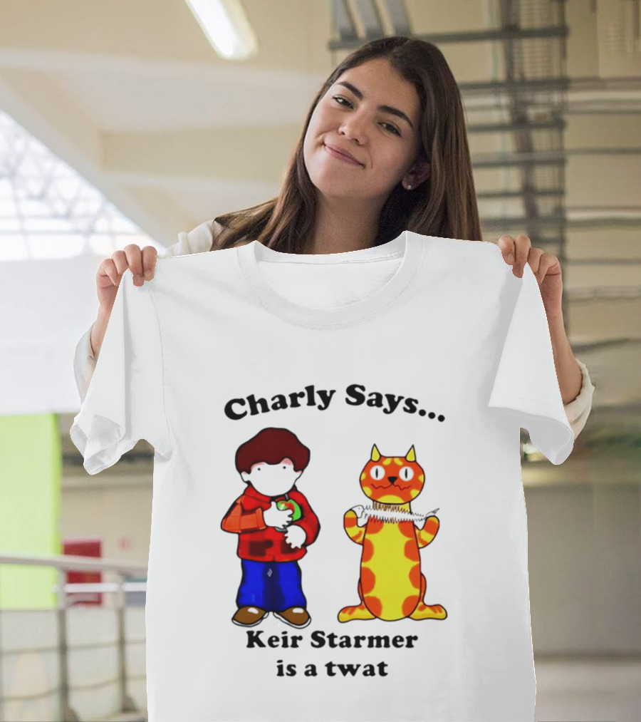 Charly Says Keir Starmer Is A Twat Comic Retro Style Cat And Kid T-Shirt