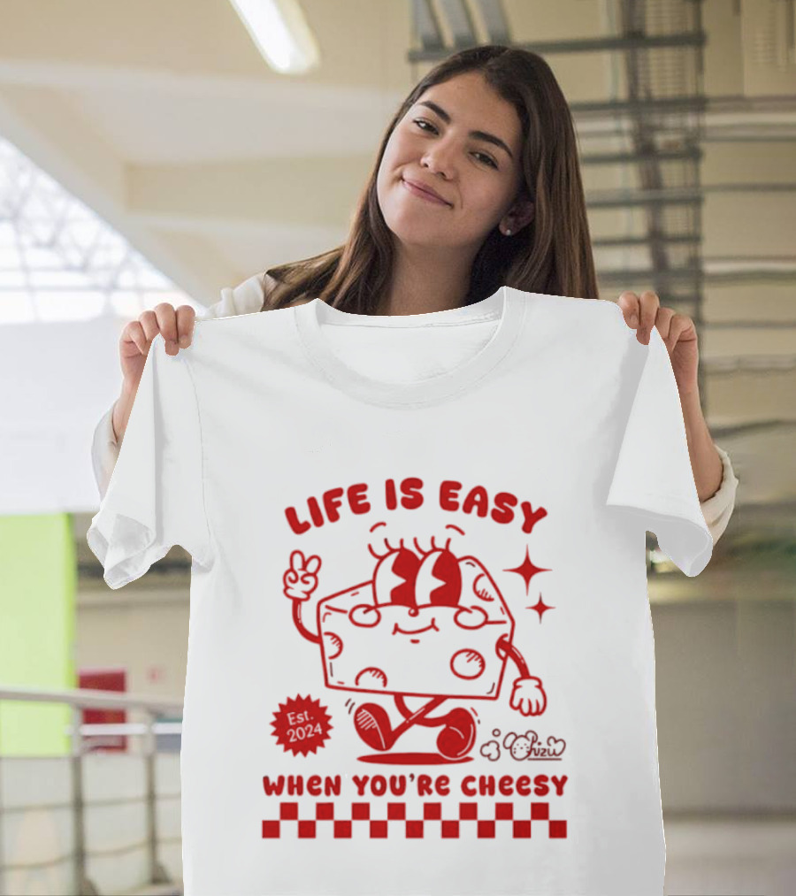 Life Is Easy When You're Cheesy Cartoon Cheese Character With Peace Sign And Stars T-Shirt