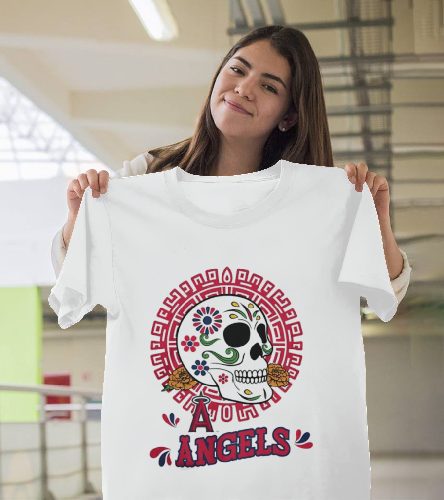 Los Angeles Angels Dia De Los Muertos Sugar Skull Aztec Calendar T-Shirt