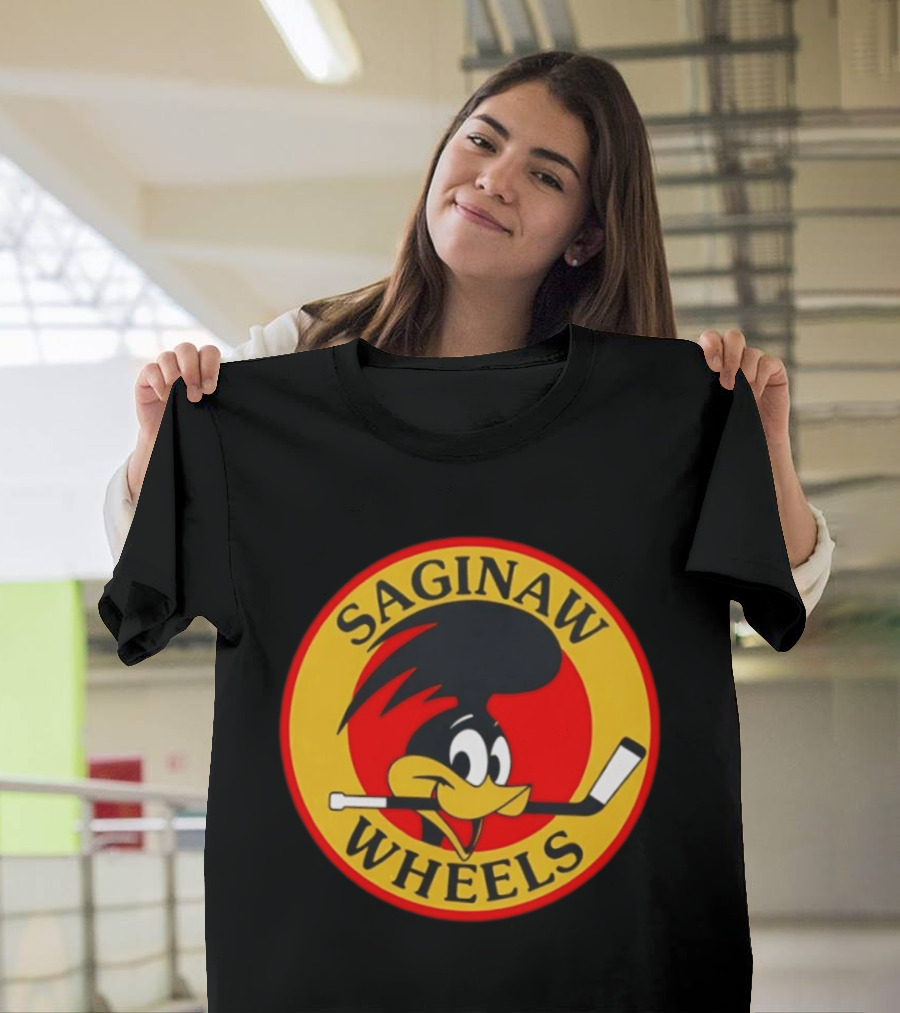 Saginaw Wheels Hockey Cartoon Character With Hockey Stick T-Shirt