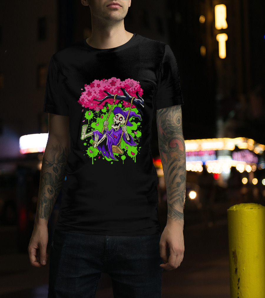 Morbid Whimsy Skeleton Witch Swinging Under Cherry Blossom Tree T-Shirt
