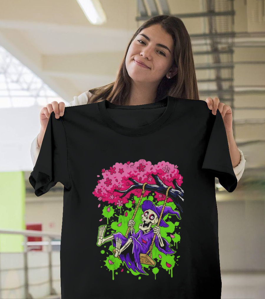 Morbid Whimsy Skeleton Witch Swinging Under Cherry Blossom Tree T-Shirt