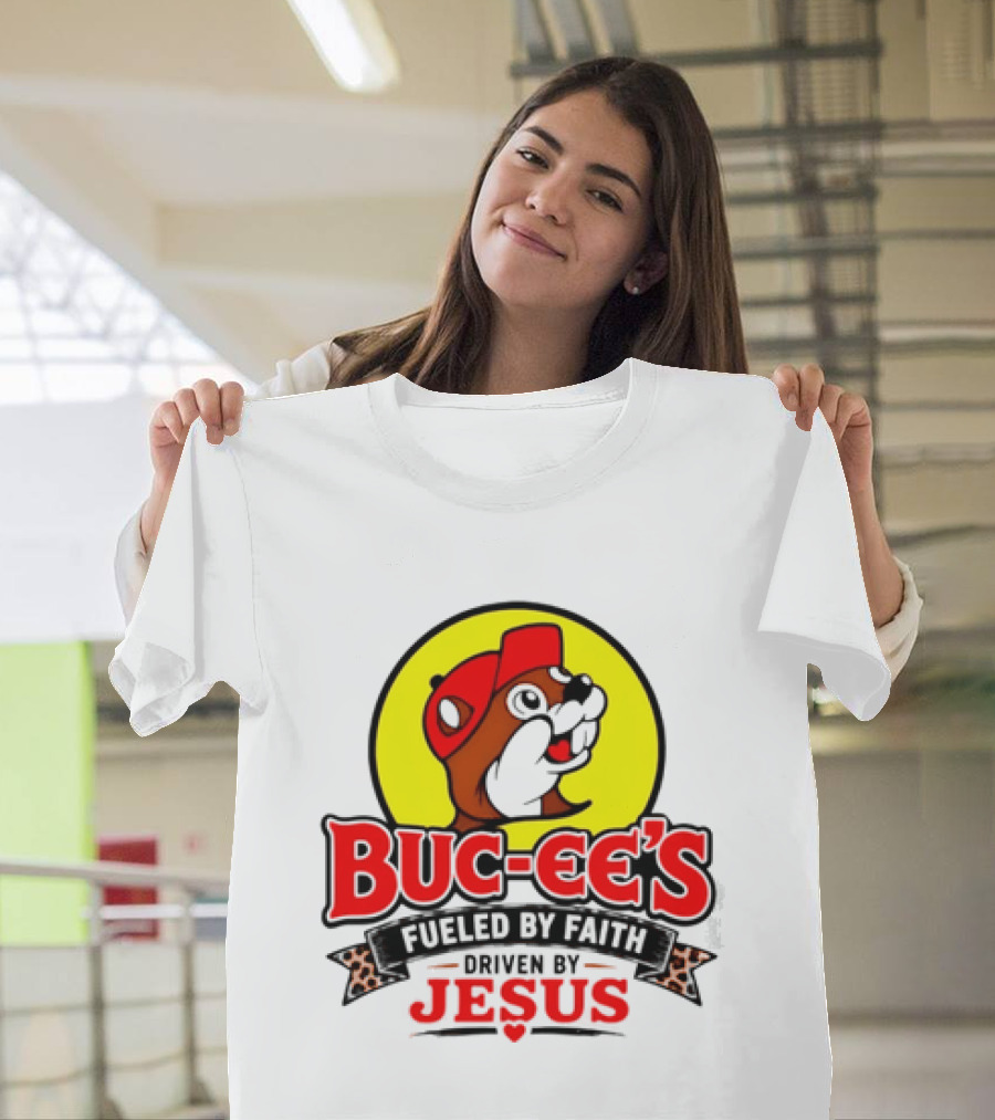 Buc Ee's Fueled By Faith Driven By Jesus Yellow Circle Red Cap T-Shirt