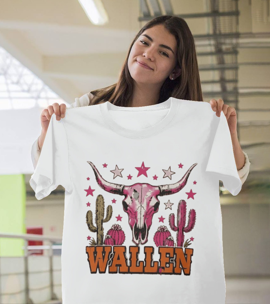 Wallen Pink Cow Skull Cactus Stars T-Shirt