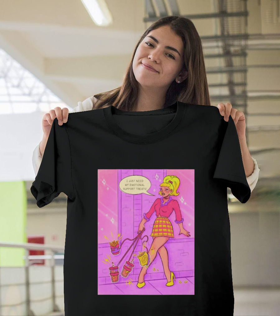 I Just Need My Emotional Support Treats Comic Style Girl With Drinks And Fries T-Shirt