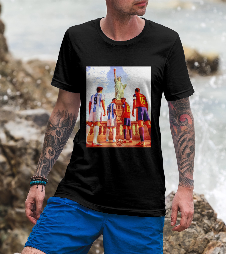 Lionel Messi J Alvarez Lamine Yamal Rodrigo Football Statue Of Liberty Argentina Spain Soccer T-Shirt