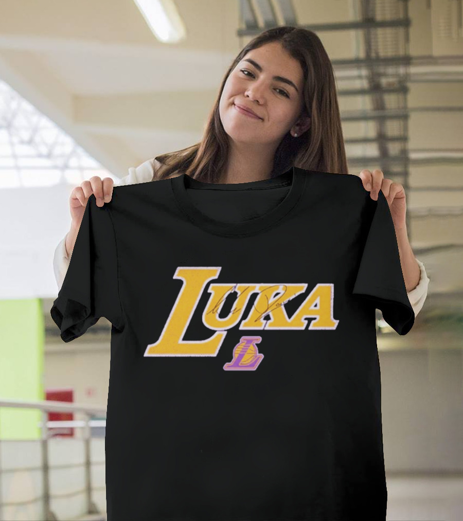 Luka Doncic Autograph Lakers Font Style With Los Angeles Basketball T-Shirt