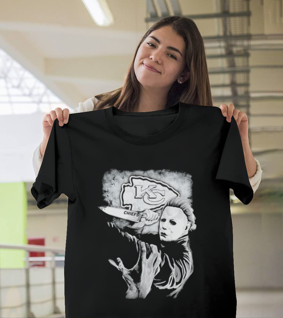 Michael Myers Holding Knife With KC Chiefs T-Shirt