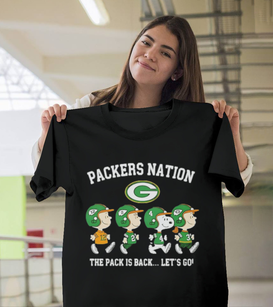 Packers Nation Peanuts Characters Walking The Pack Is Back Let's Go Green Bay Packers T-Shirt