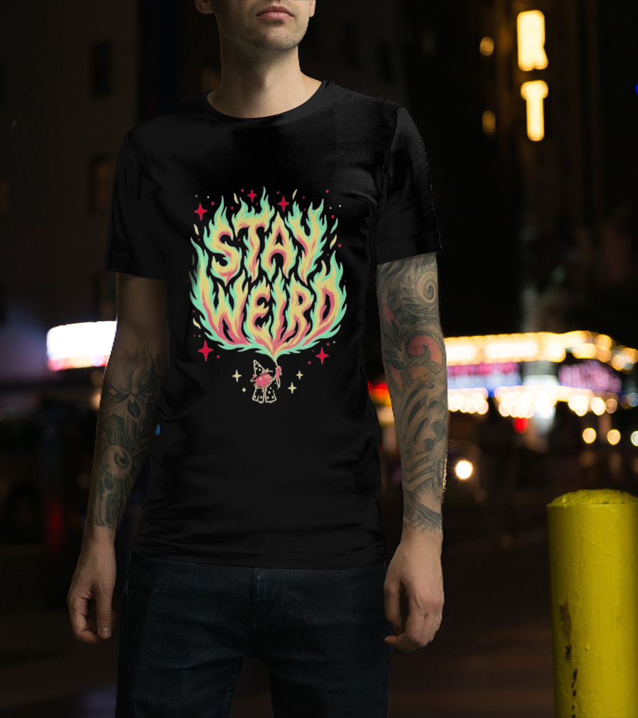 Stay Weird Magic Flames Wizard Cat Stars Cosmic T-Shirt