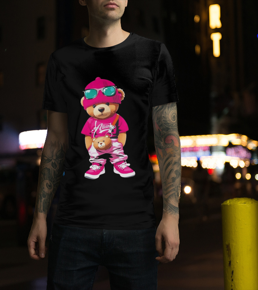 Ailan Teddy Bear Stylish Streetwear Outfit Pink Beanie Sunglasses And Bear Bag T-Shirt