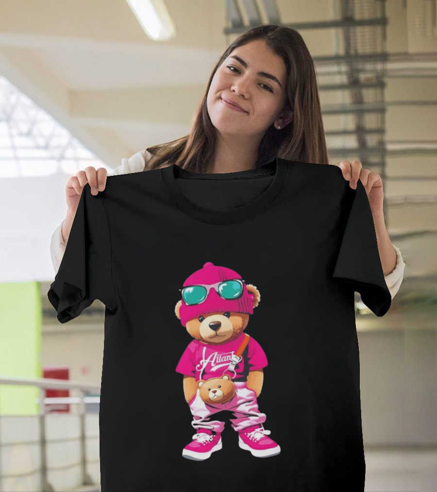 Ailan Teddy Bear Stylish Streetwear Outfit Pink Beanie Sunglasses And Bear Bag T-Shirt