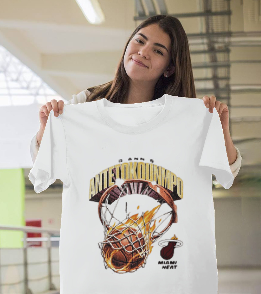 Giannis Antetokounmpo Miami Heat Basketball Hoop Fireball T-Shirt