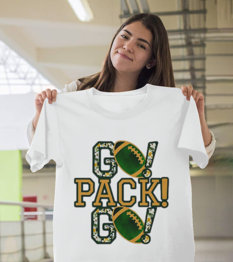 Packers Go Pack Go Football Floral Design With Green And Gold Footballs T-Shirt