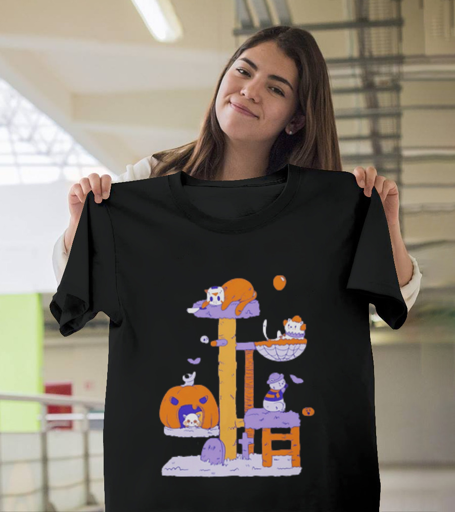 Cat Horror Pumpkin Tree Halloween Cats T-Shirt