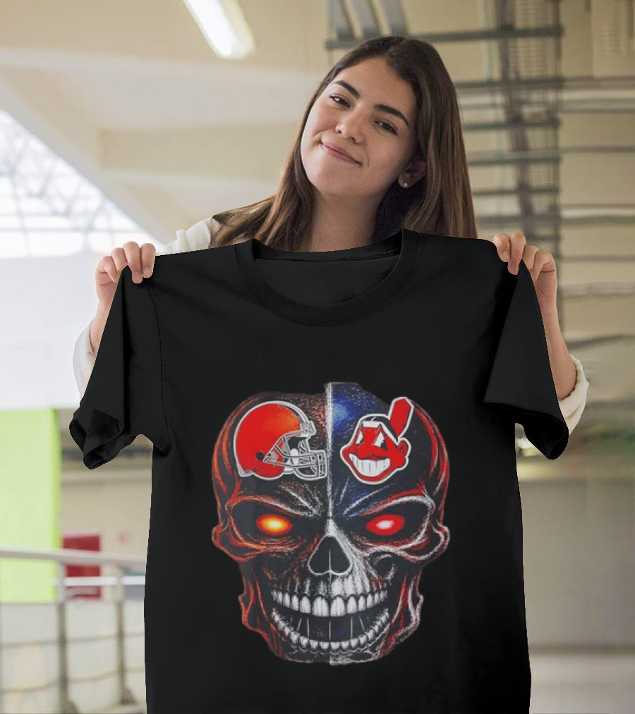 Cleveland Browns Helmet Indians Chief Wahoo Skull Sports Fan T-Shirt
