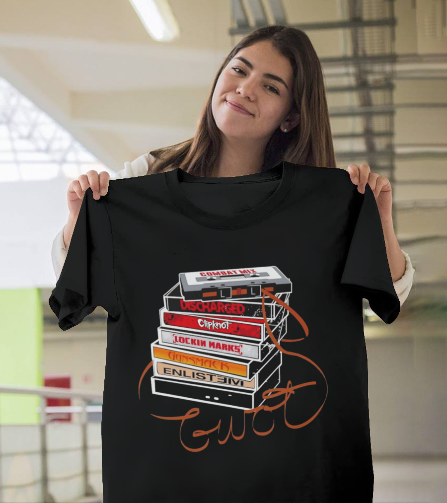 Combat Mix Discharged Clipknot Lockin Marks Gunsmack Enlist GWOT 3 Tours Down Music Cassette Stack T-Shirt