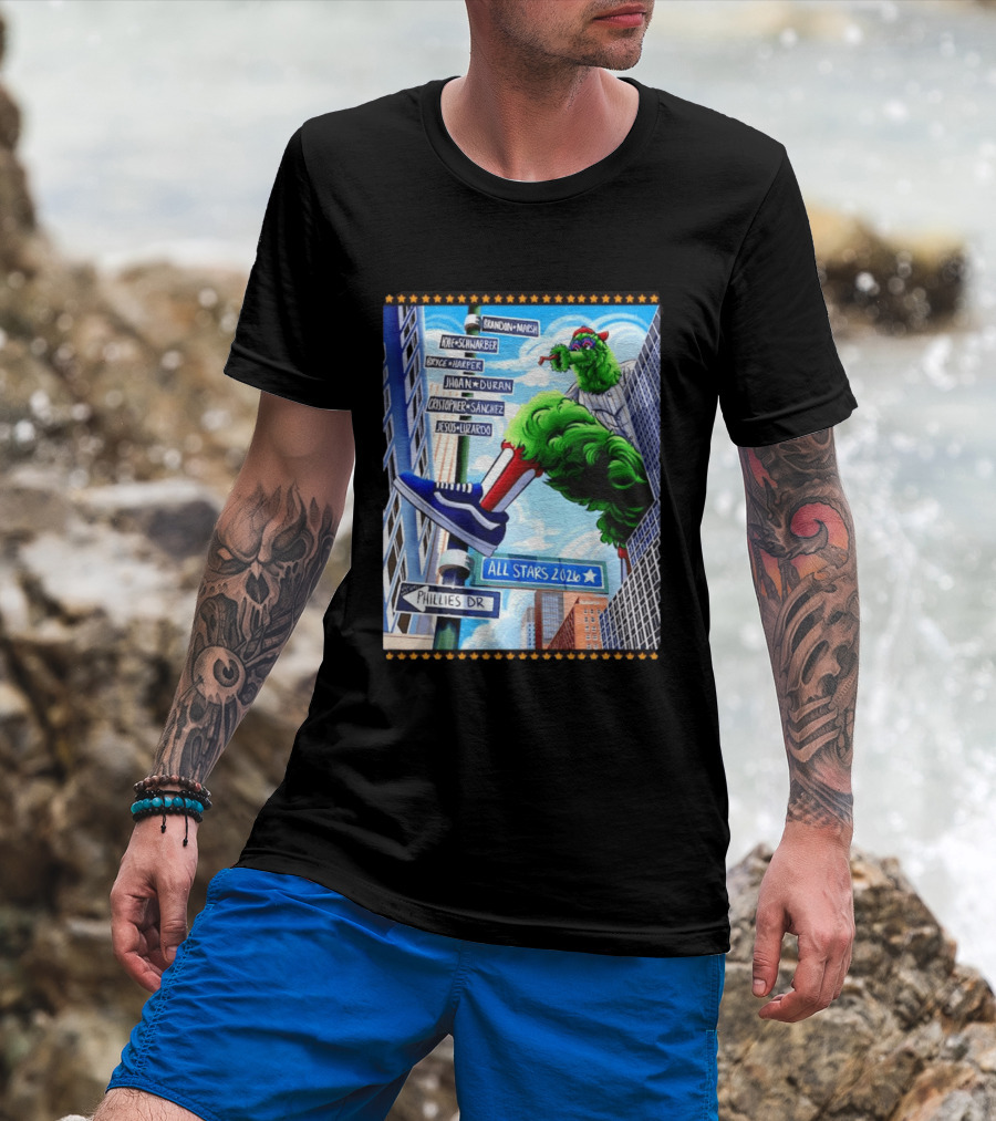 Phillies Dr Phillie Phanatic Brandon Marsh Kyle Schwarber Bryce Harper Johan Duran Christopher Sanchez Jesus Luzardo All Stars 2026 T-Shirt