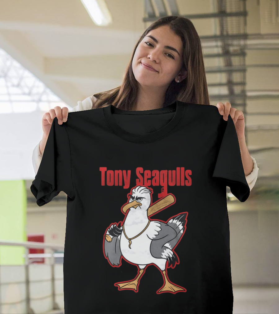Tony Seagulls Baseball Cartoon Character With Bat T-Shirt