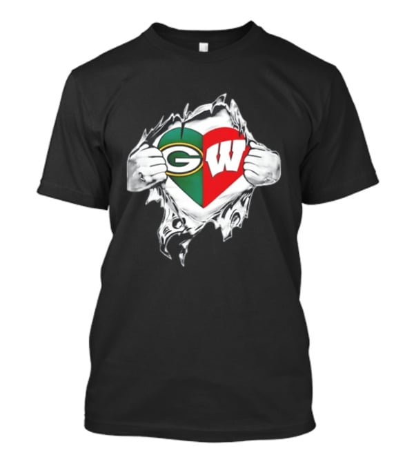 Green Bay Packers Wisconsin Badgers Torn Chest Reveal Heart T-Shirt