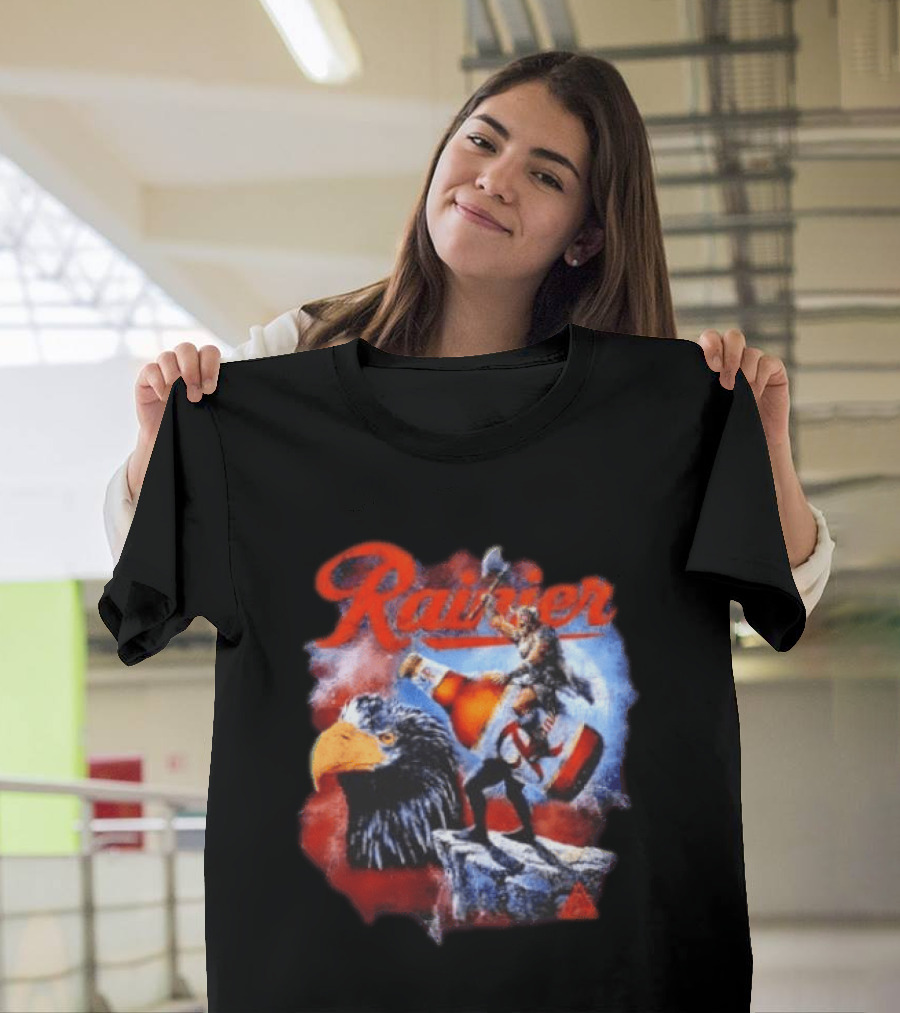 Rainier Beer Viking Holding Beer Riding Eagle On Rock T-Shirt