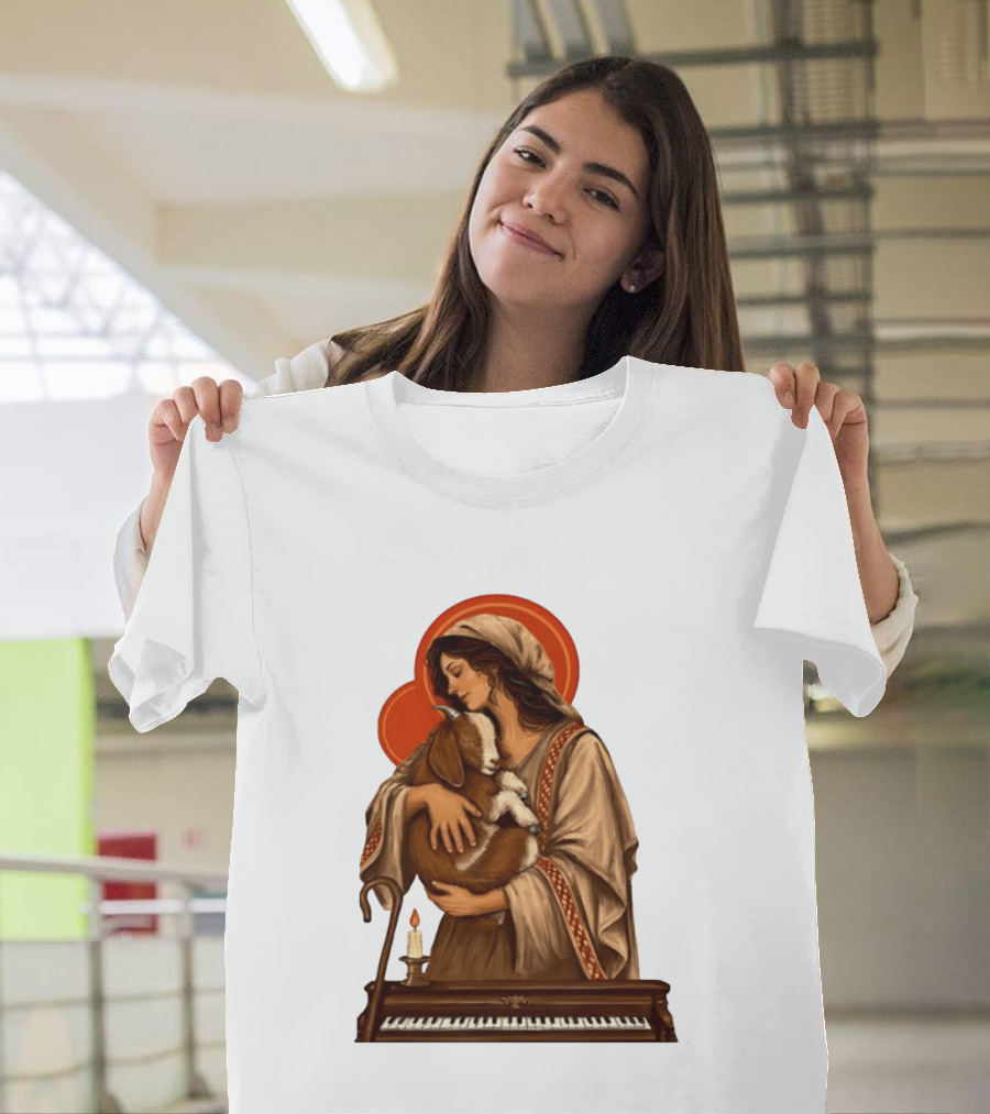 Woman Embracing Goat With Candle And Piano Halo T-Shirt