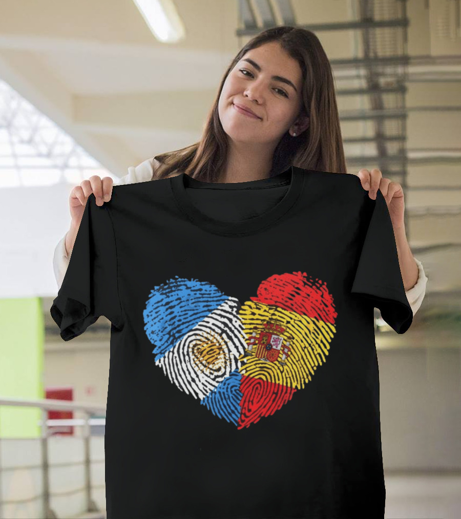 Half Spain Half Argentine Heart Fingerprints Flags Spain Argentina T-Shirt