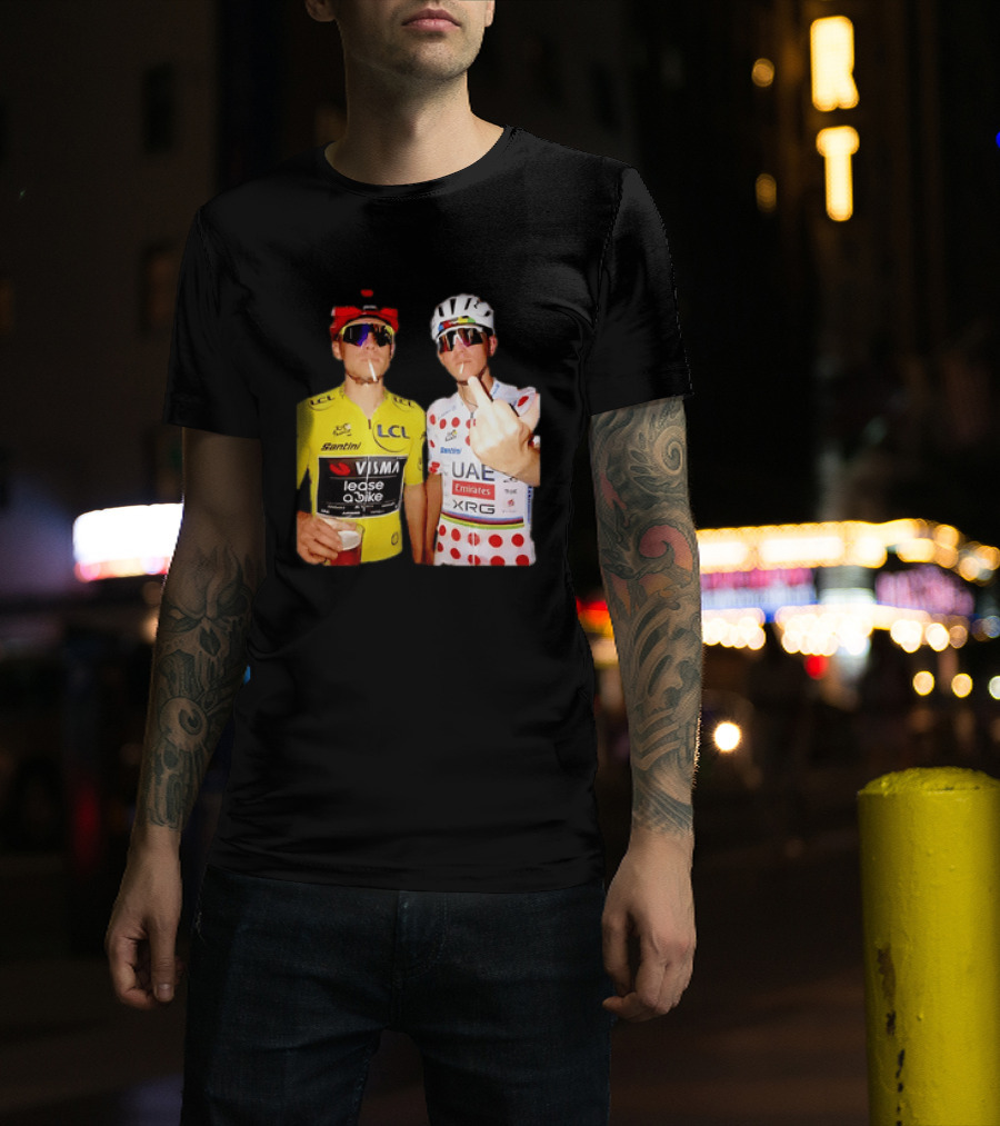 Jonas Vingegaard Tadej Pogačar 2026 Tour De France Visma UAE LCL Santini Emirates XRG Visor Beer Gesture T-Shirt
