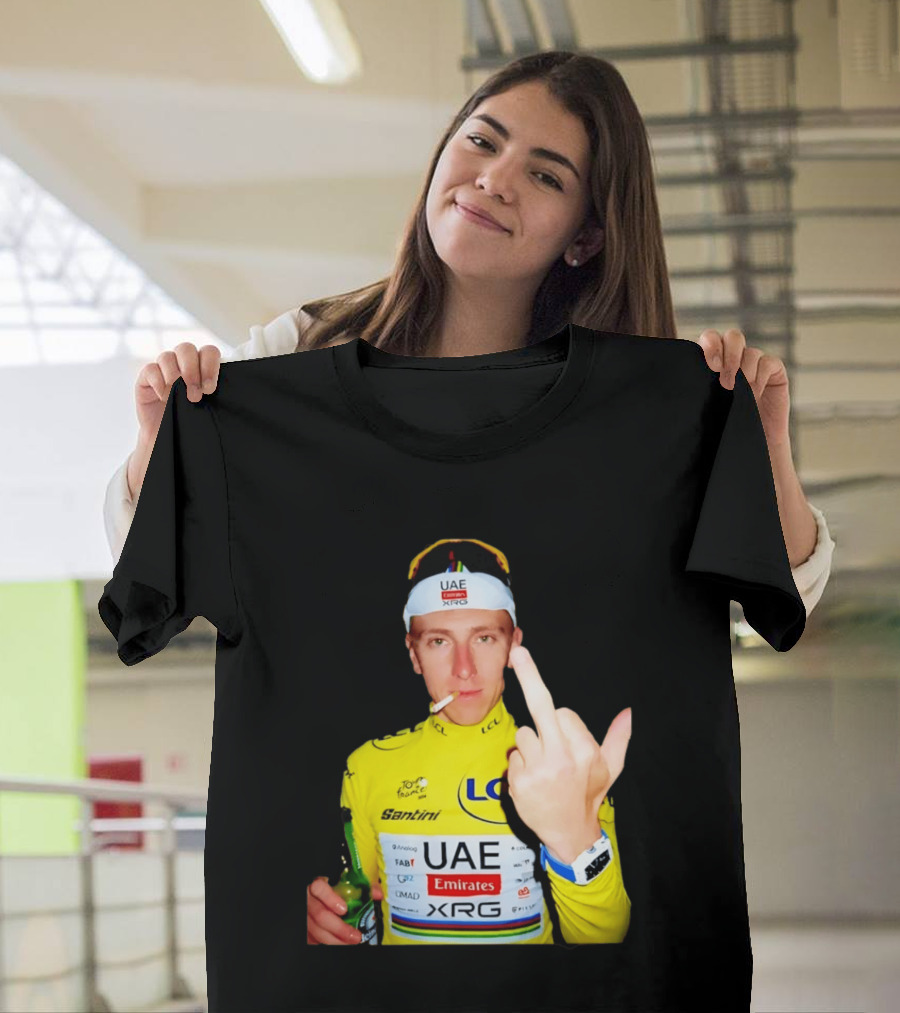 Tadej Pogačar Yellow Jersey Middle Finger Tour De France UAE Emirates LCL Santini T-Shirt