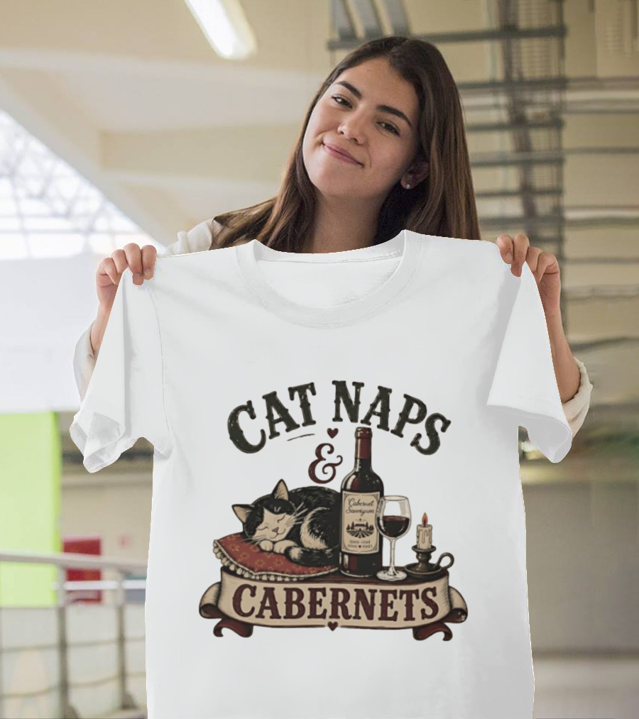 Cat Naps And Cabernet Sauvignon With Cozy Cat And Candle T-Shirt