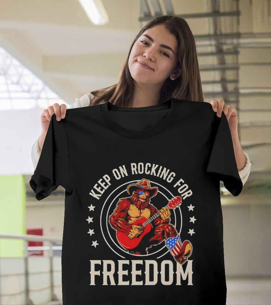 Keep On Rocking For Freedom Bigfoot Sasquatch American Flag Patriotic Guitar T-Shirt