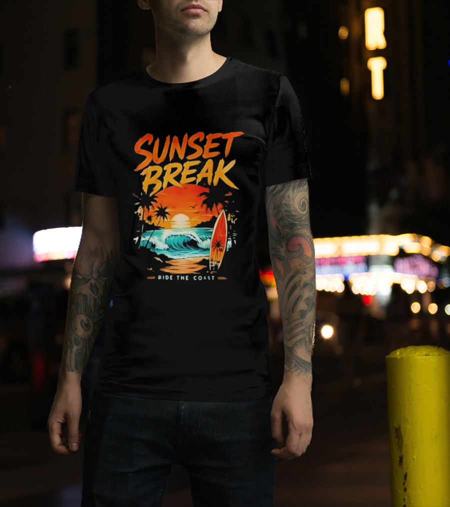 Sunset Break Surfing Ride The Coast Ocean Waves And Surfboard Scene T-Shirt