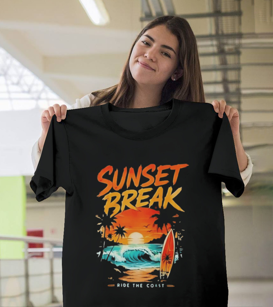 Sunset Break Surfing Ride The Coast Ocean Waves And Surfboard Scene T-Shirt