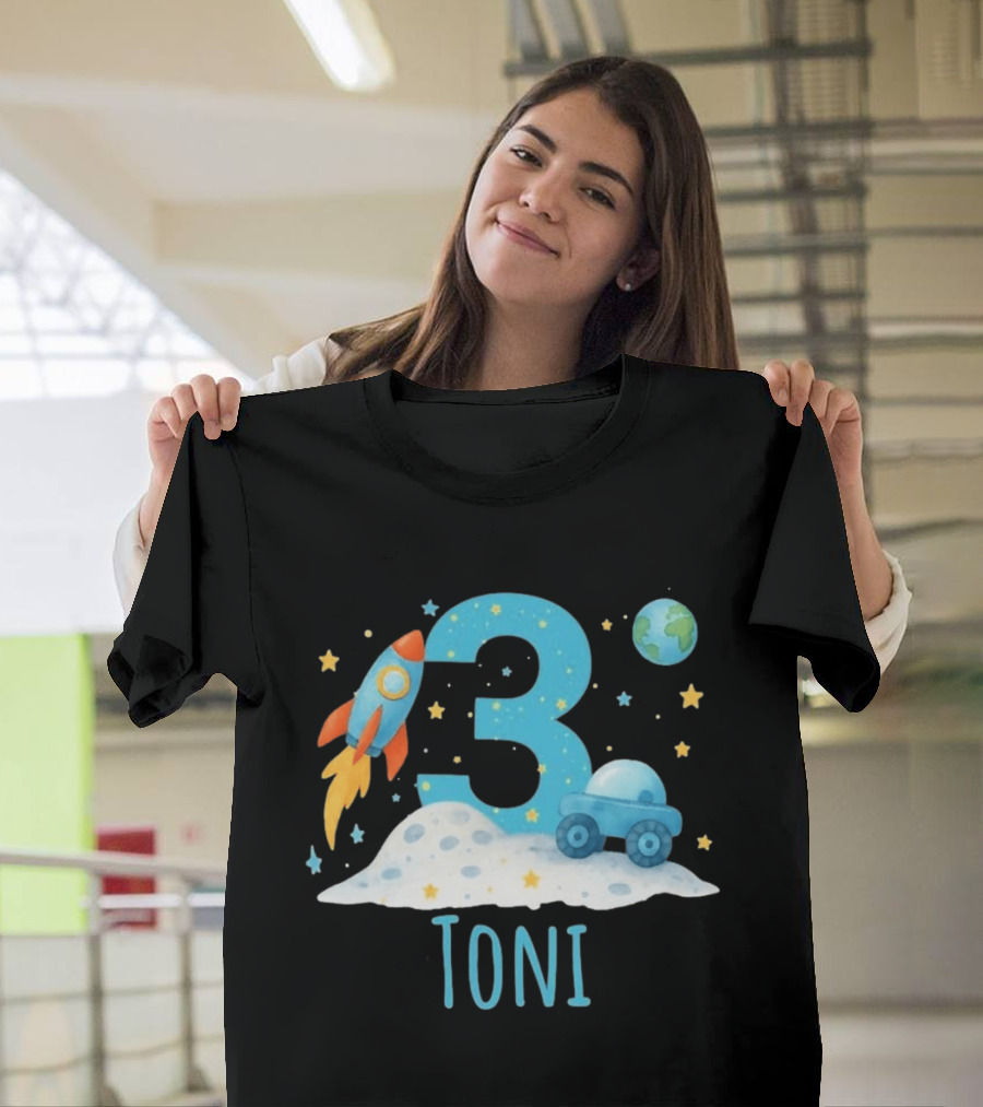 3rd Birthday Space Rocket Planet Personalized Toni T-Shirt