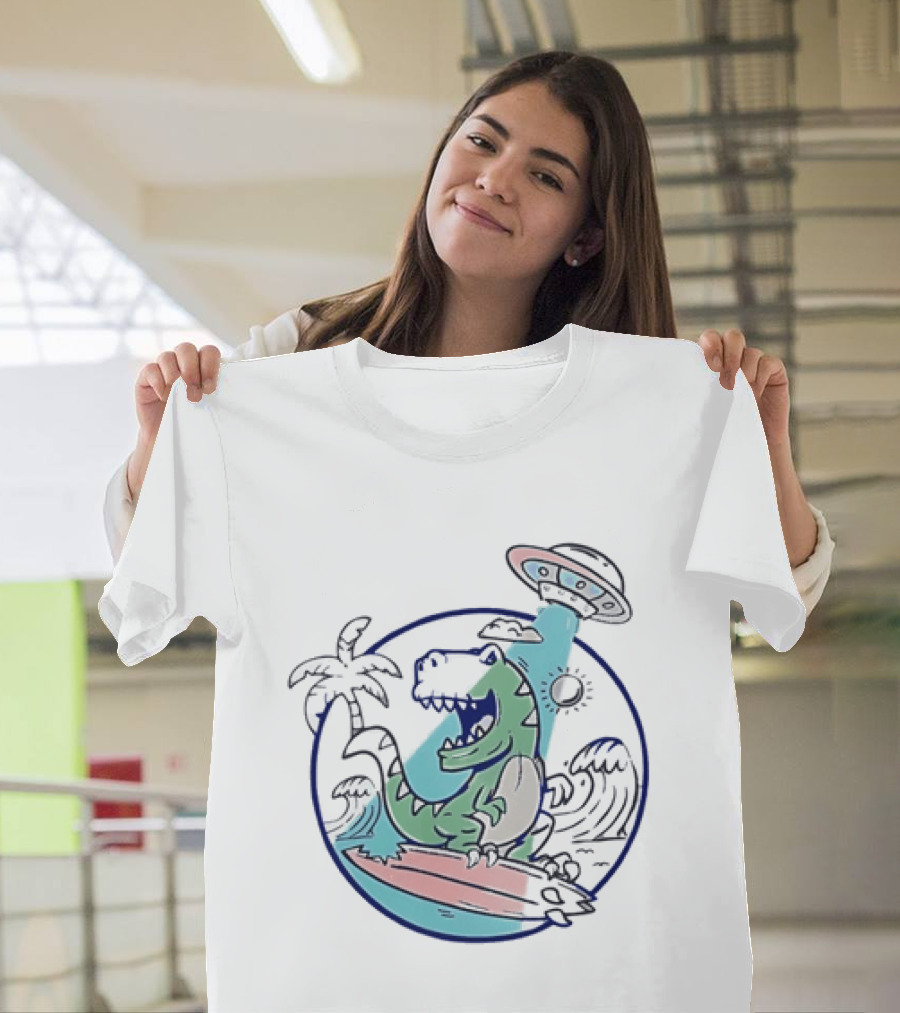 UFO Surfing Dinosaur With Palm Trees And Waves T-Shirt