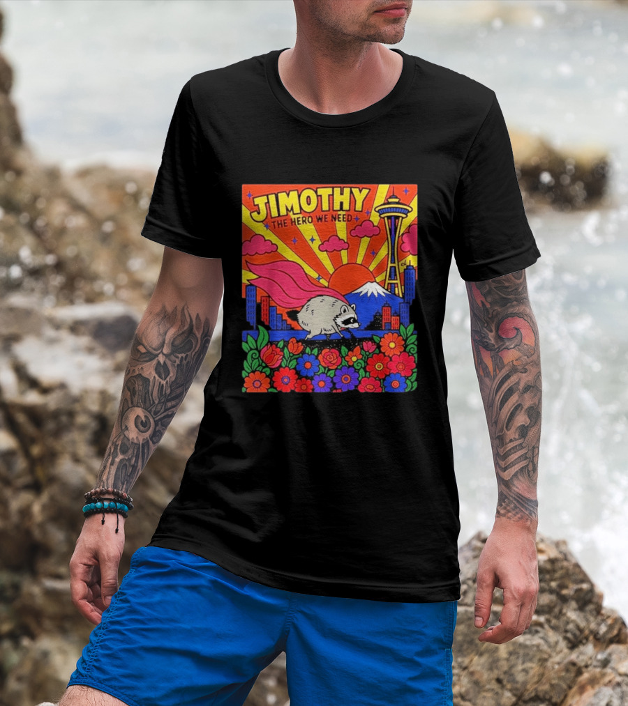 Jimothy The Hero We Need Seattle Skyline Floral Raccoon Superhero T-Shirt