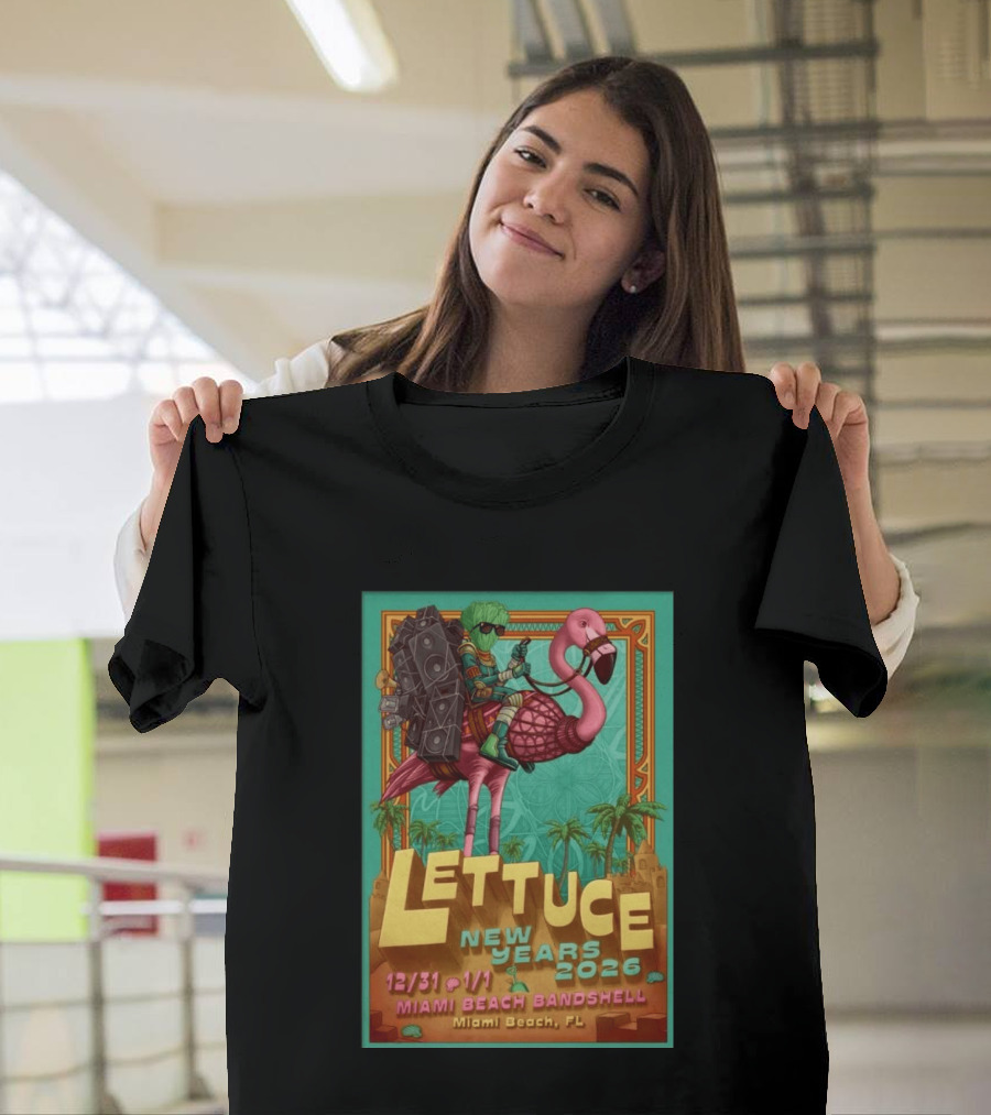 Lettuce New Years 2026 Miami Beach Bandshell Miami Beach FL With Sunglasses Flamingo And Speakers T-Shirt