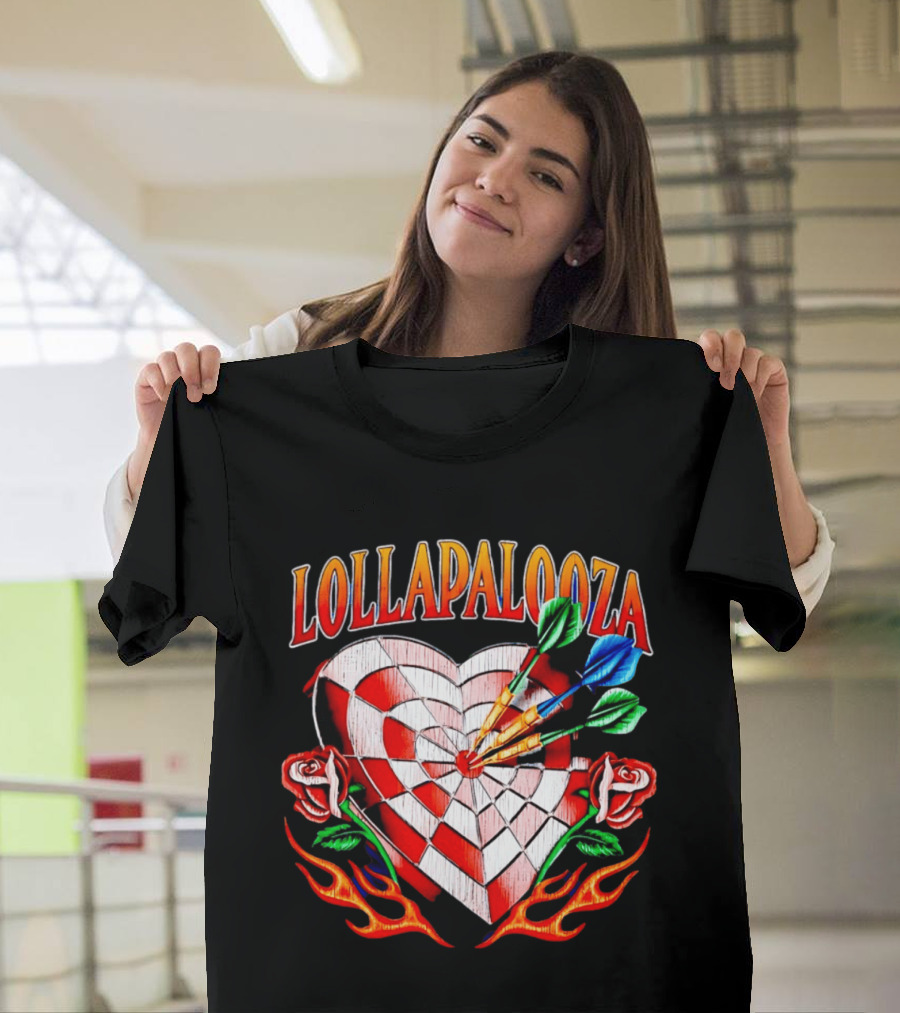 Lollapalooza Heart Dartboard With Roses And Flames T-Shirt