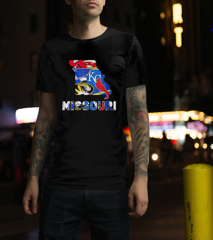 Missouri Sports Map KC Royals Cardinals Blues Tigers State Pride T-Shirt