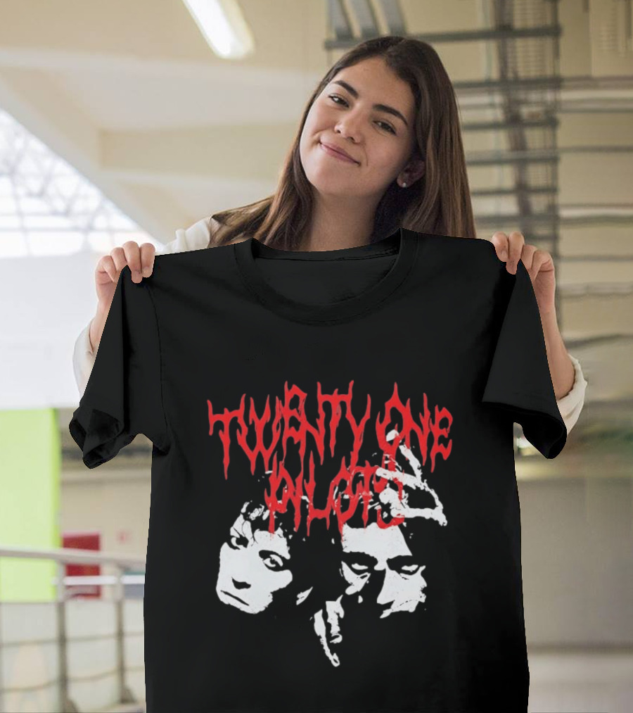 Twenty One Pilots Red Text Band Members Faces Dark Metal T-Shirt