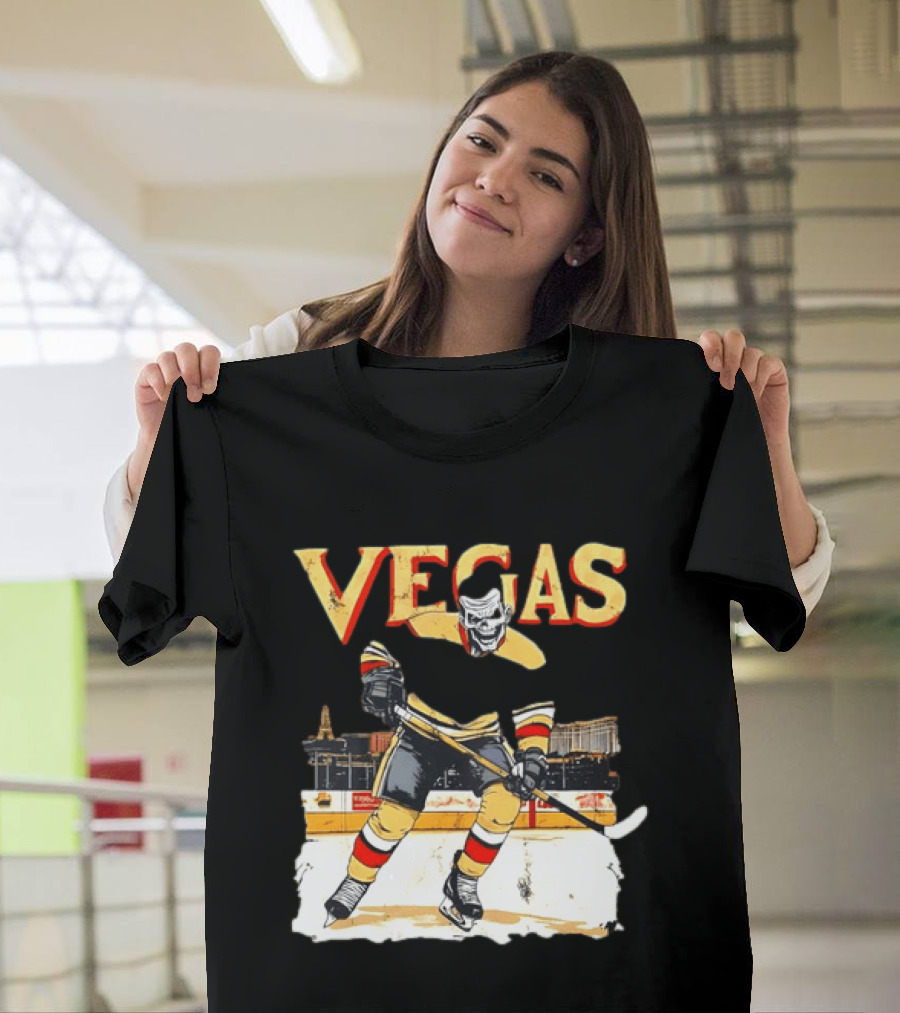 Vegas Hockey Skull Ice Arena Skyline Scene T-Shirt