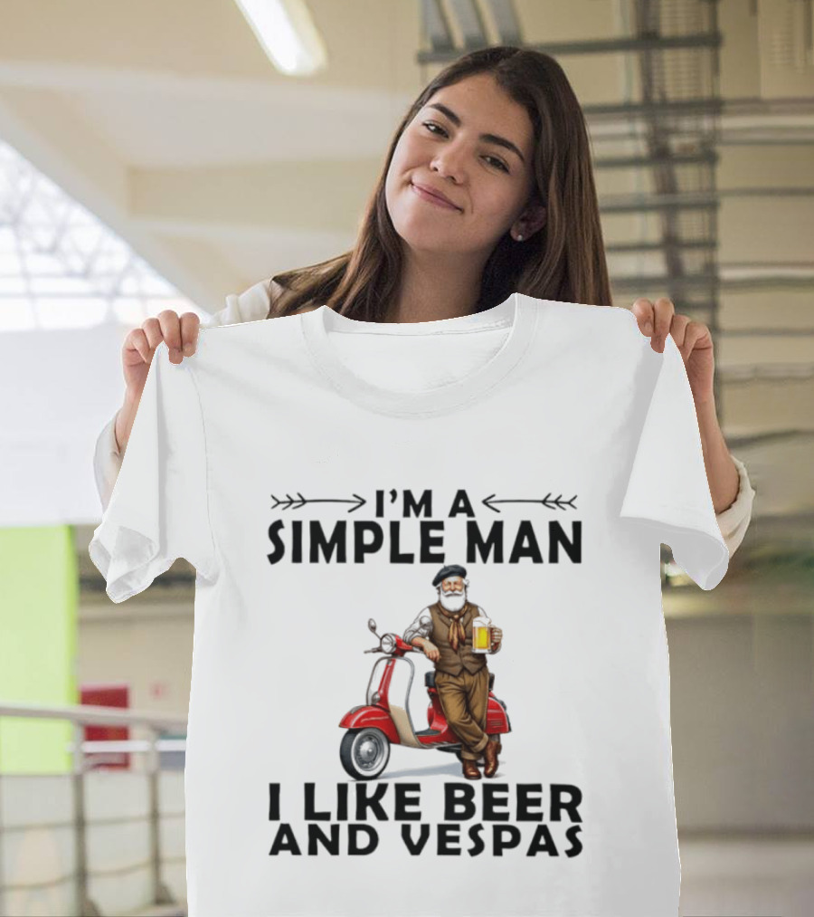 I'm A Simple Man I Like Beer And Vespas Man With Beer And Scooter T-Shirt