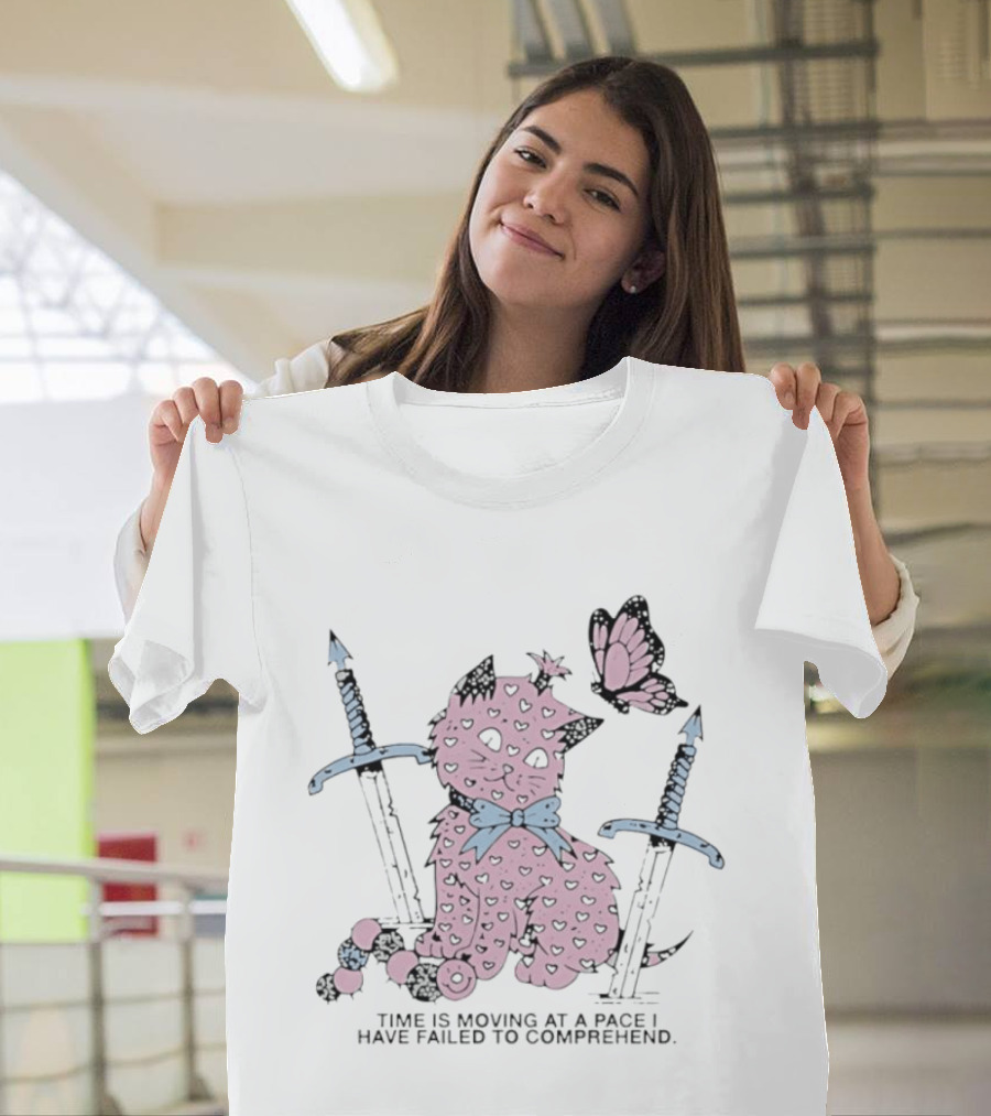 Pink Cat Butterfly Swords Time Is Moving At A Pace I Have Failed To Comprehend T-Shirt