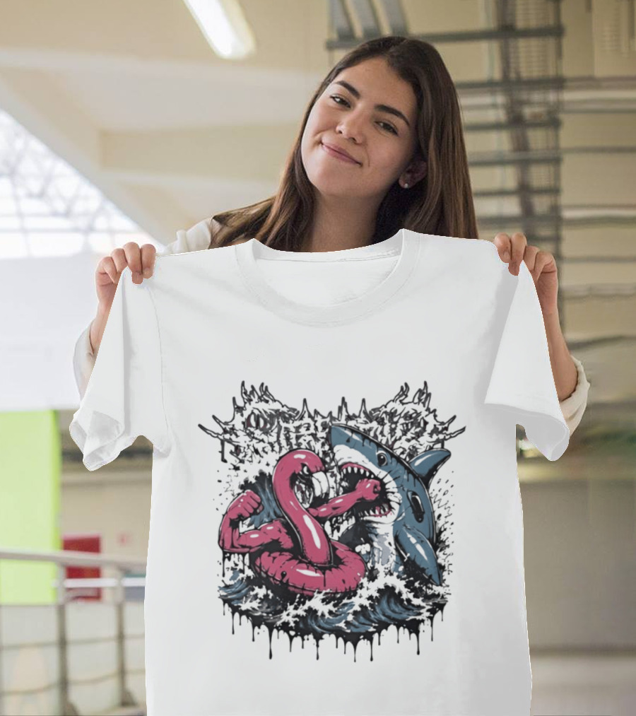 Flamingo Float Shark Fight Waves Duel T-Shirt