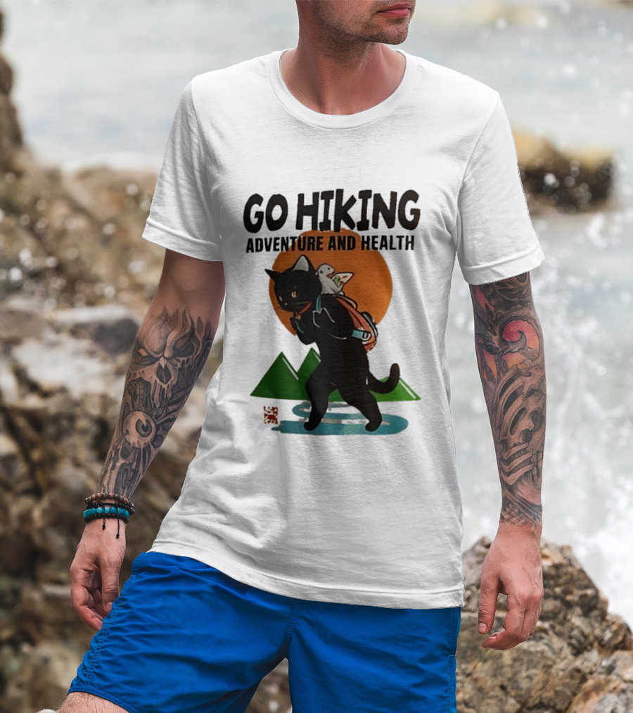 Go Hiking Adventure And Health Black Cat With Backpack And Bird T-Shirt