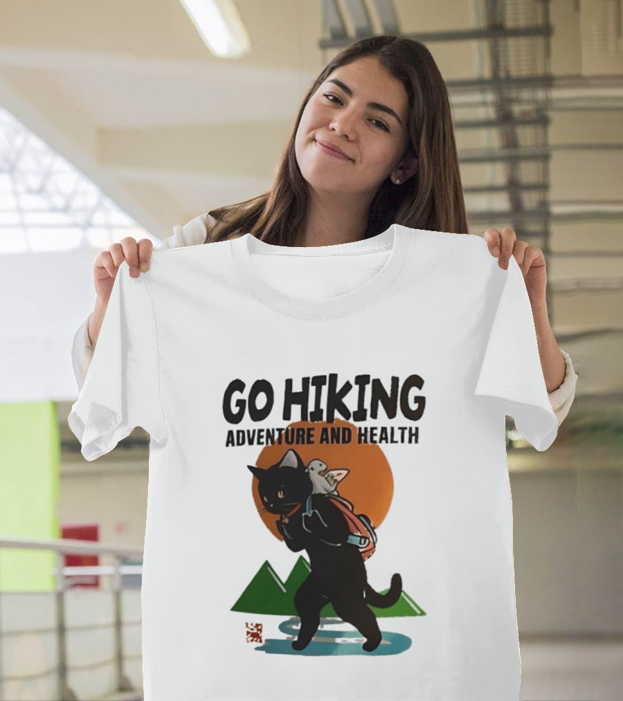 Go Hiking Adventure And Health Black Cat With Backpack And Bird T-Shirt