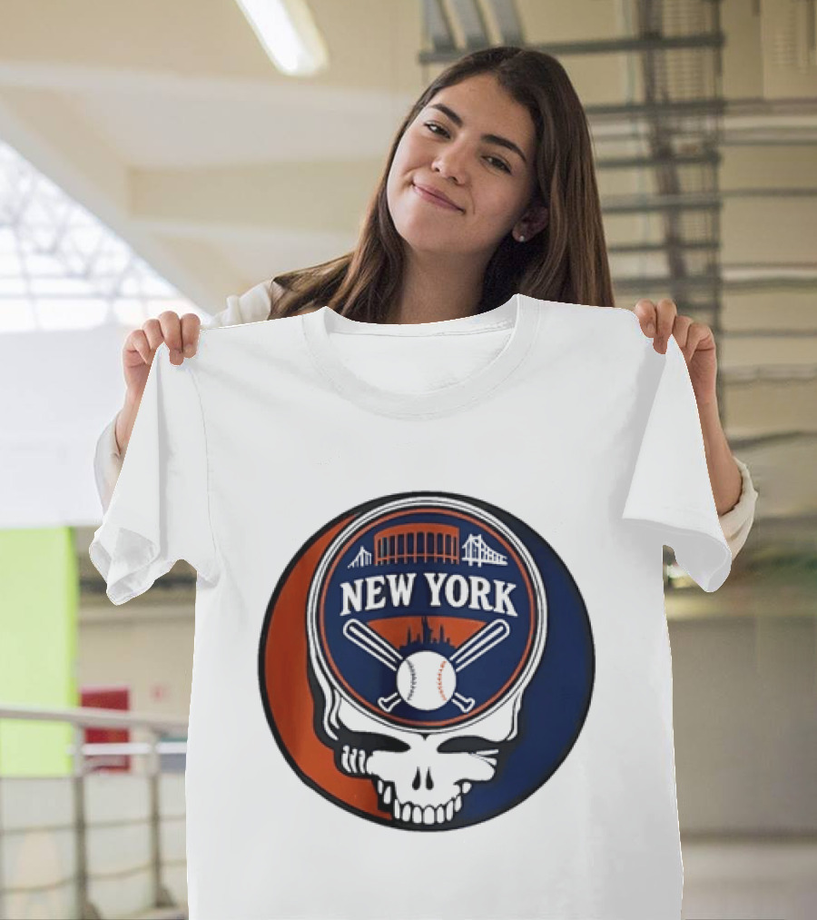 New York Mets Grateful Dead Skull Baseball Orange Blue Stadium T-Shirt