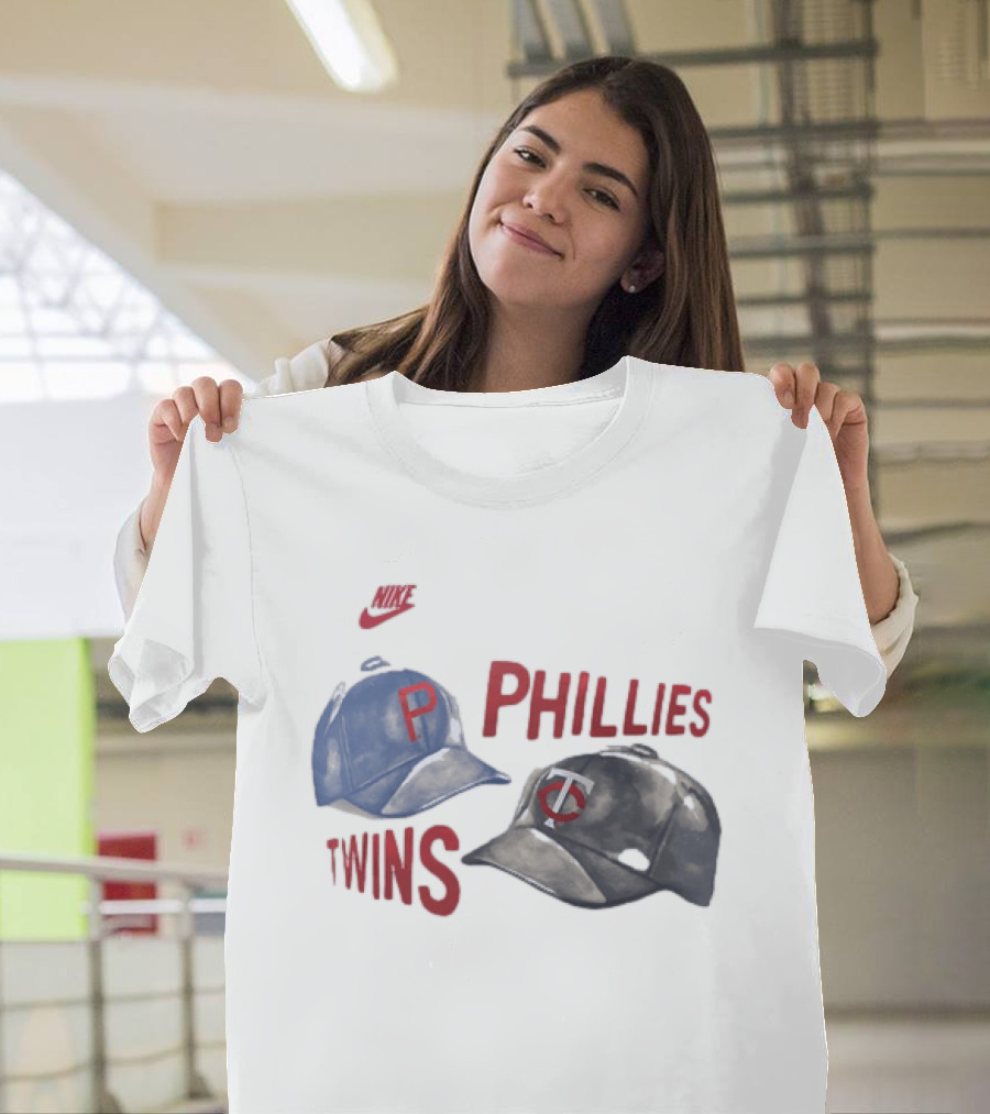 Philadelphia Phillies P Baseball Cap And Minnesota Twins TC Hat Iconic Collaboration With Retro Nike Swoosh T-Shirt